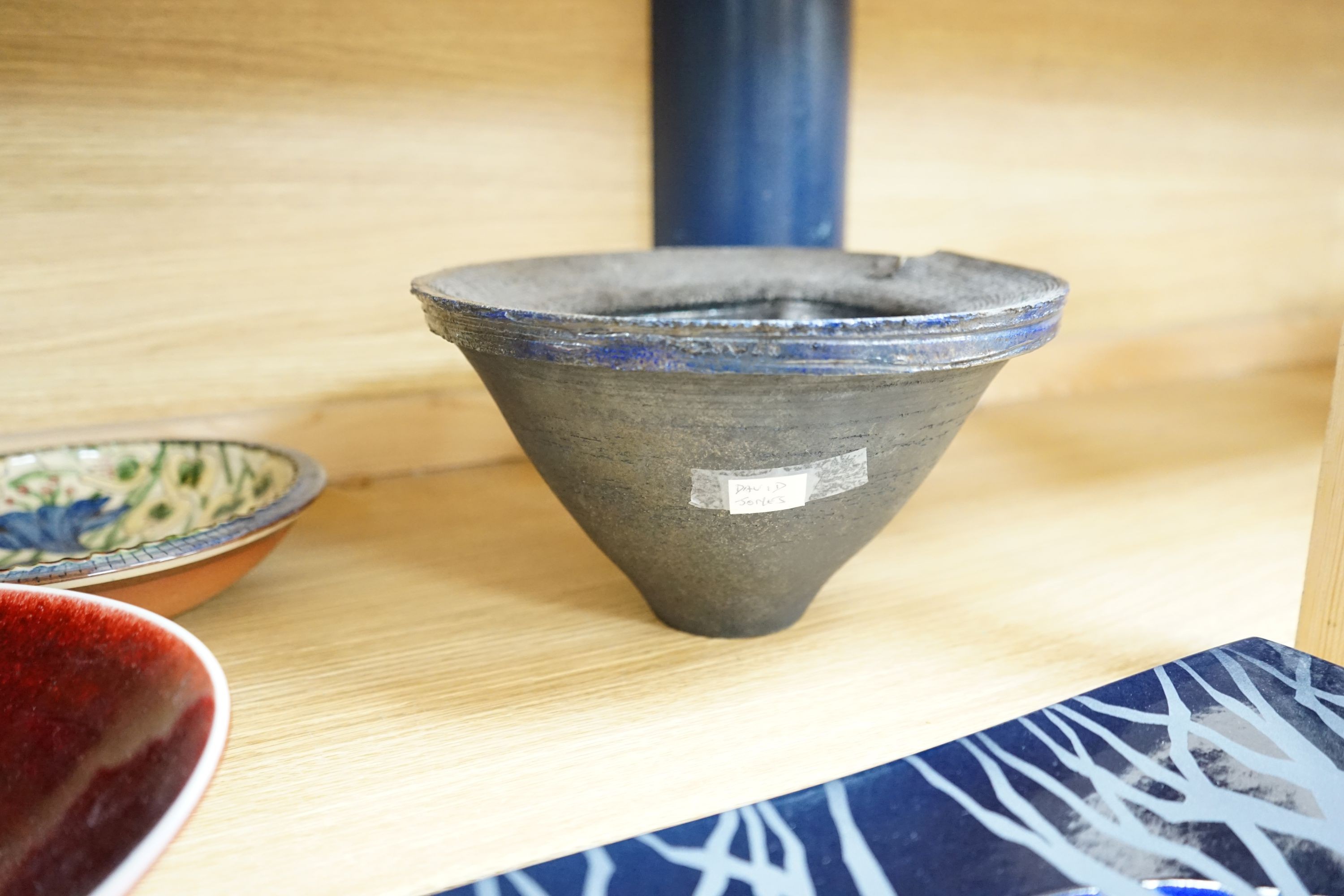 A group of studio pottery vases and dishes to include- 35cm